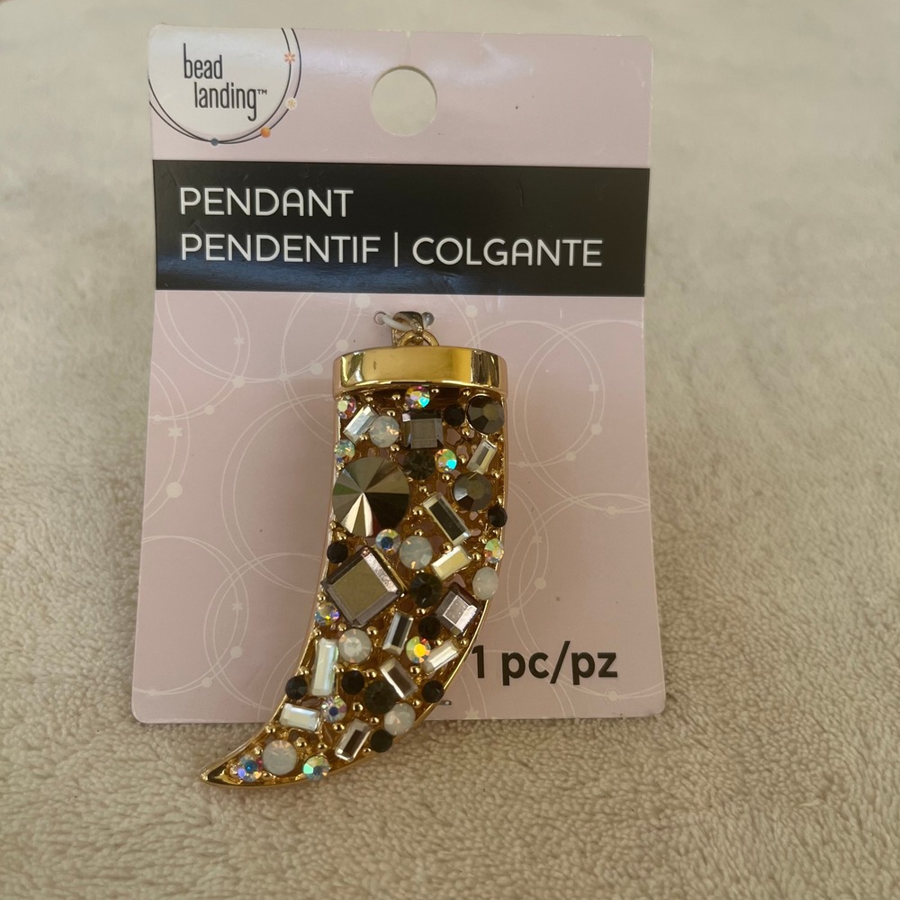 Bead Landing Gold Tone Crystal Embellished‎ Horn Pendant New on Card